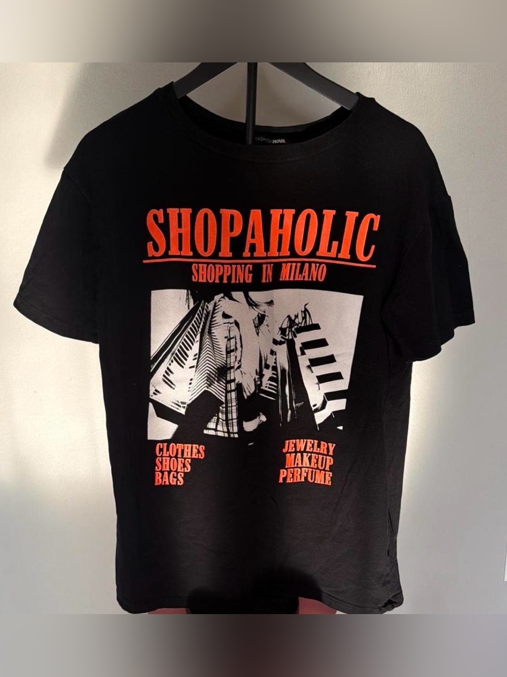 Shopaholic Milano Graphic Tee - Black with Orange & White Print